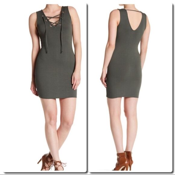 LACE up Mini Dress in Olive - Picture 1 of 7